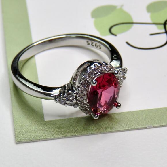 Zales Ruby & Cubic Zirconia Halo Sterling Silver Ring Size 7 SYNTHETIC - Picture 12 of 12